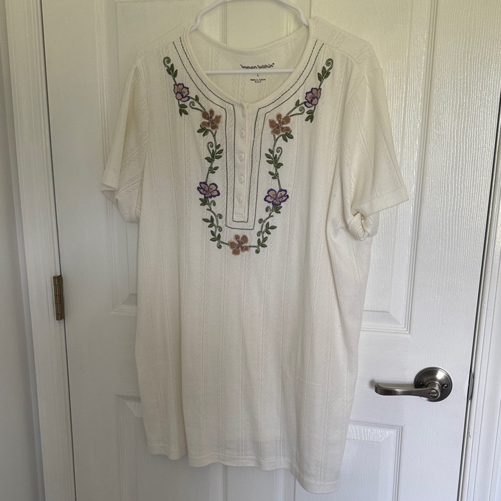 Woman Within Cream Floral Embroidered Top